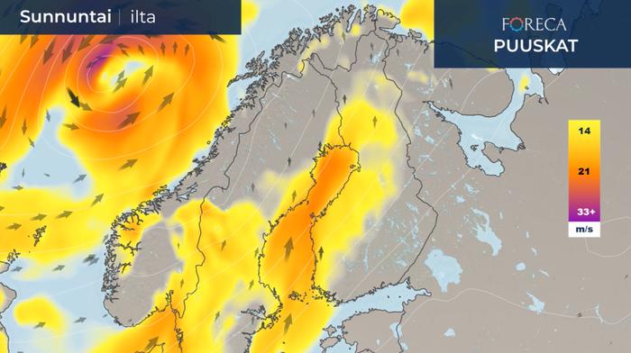 Tuulenpuuskaennuste sunnuntai-illalle 8.3.